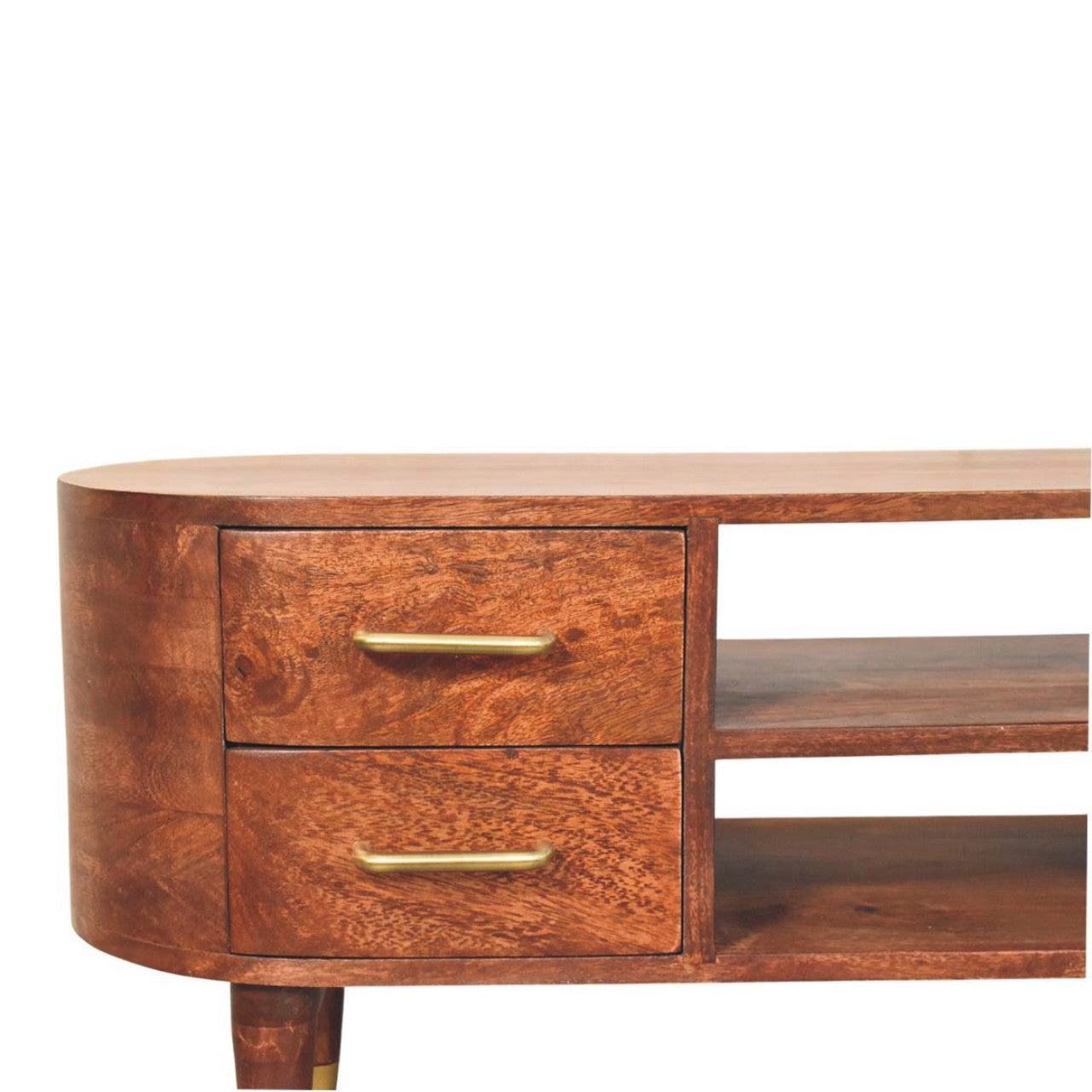 Curved 2-drawer media unit in solid mango wood, Winewood Oak finish – brass handles and shelf detail, front left close-up