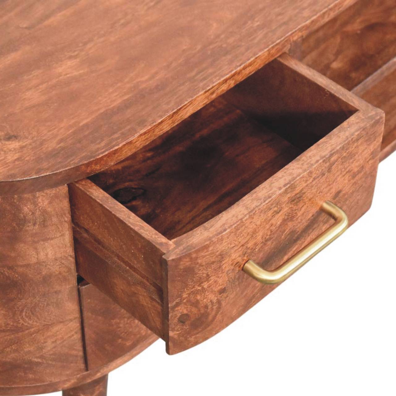 Curved 2-drawer media unit in solid mango wood, Winewood Oak finish – drawer open, front left elevated view