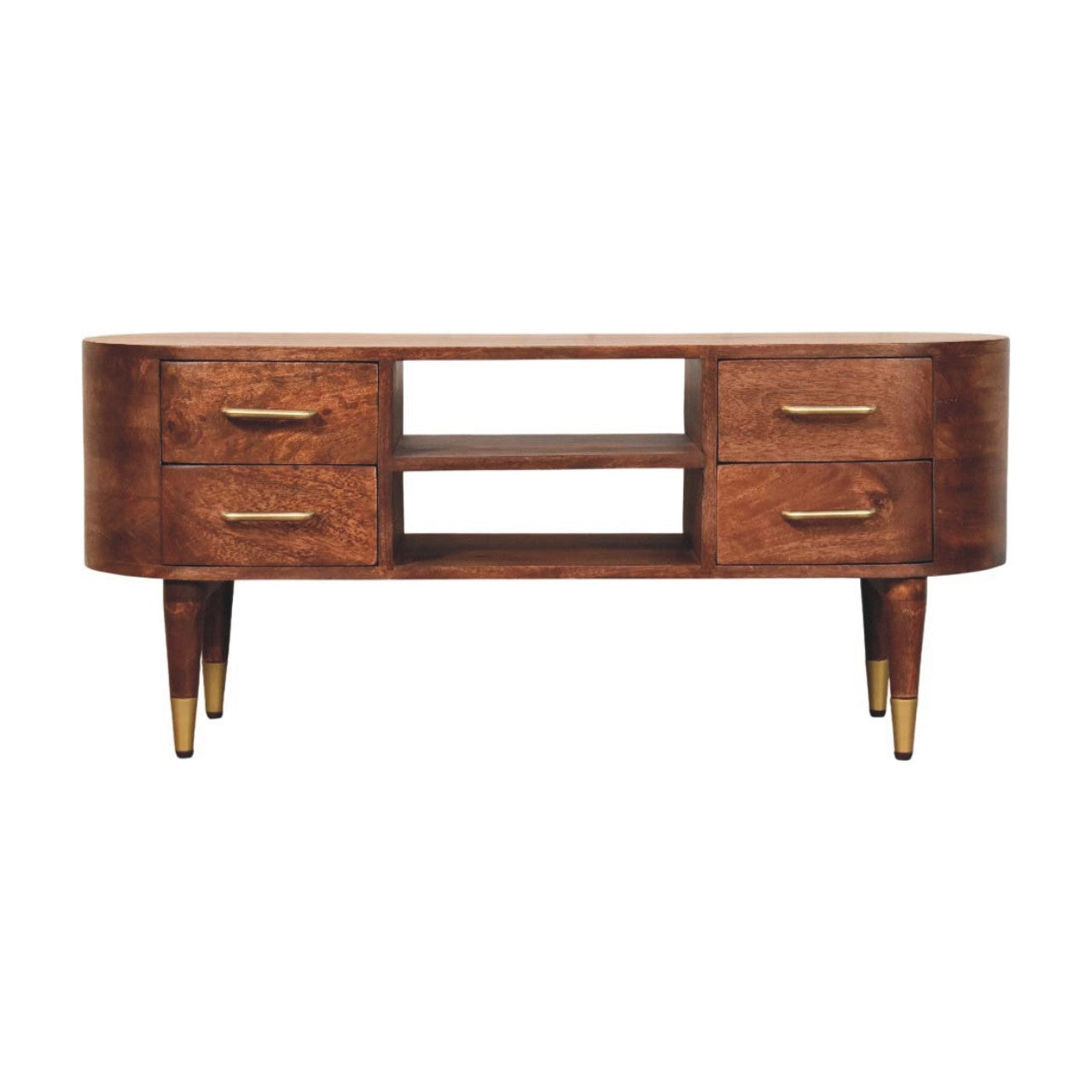 Curved 2-drawer media unit in solid mango wood, Winewood Oak finish – front view