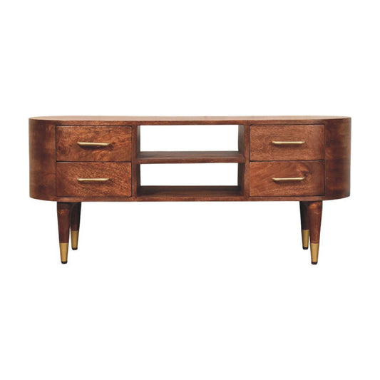 Curved 2-drawer media unit in solid mango wood, Winewood Oak finish – front view