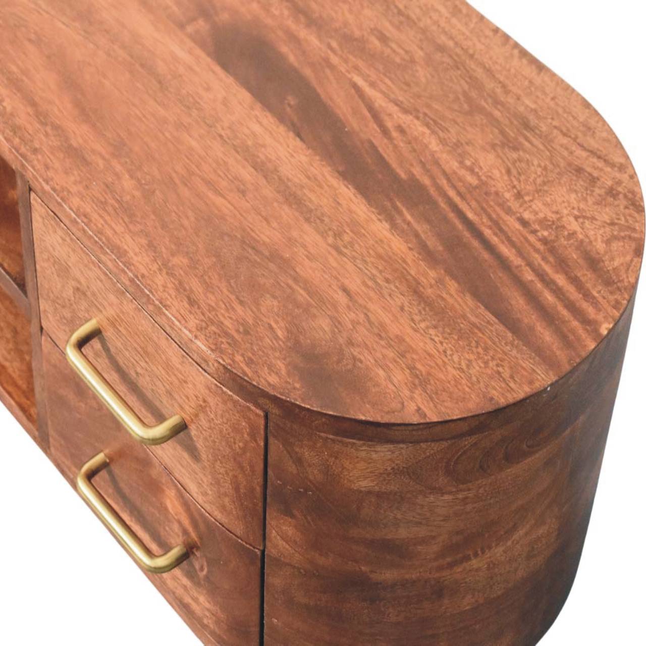 Curved 2-drawer media unit in solid mango wood, Winewood Oak finish – wood grain detail, front right elevated
