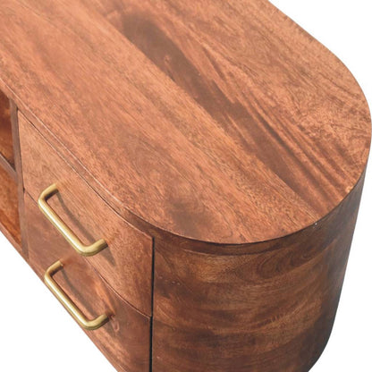 Curved 2-drawer media unit in solid mango wood, Winewood Oak finish – wood grain detail, front right elevated
