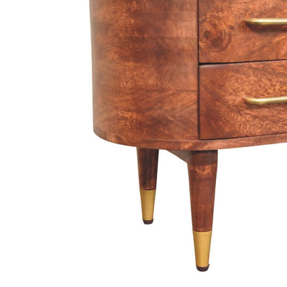 Curved 2-drawer media unit in solid mango wood, Winewood Oak finish – leg detail, lower left close-up