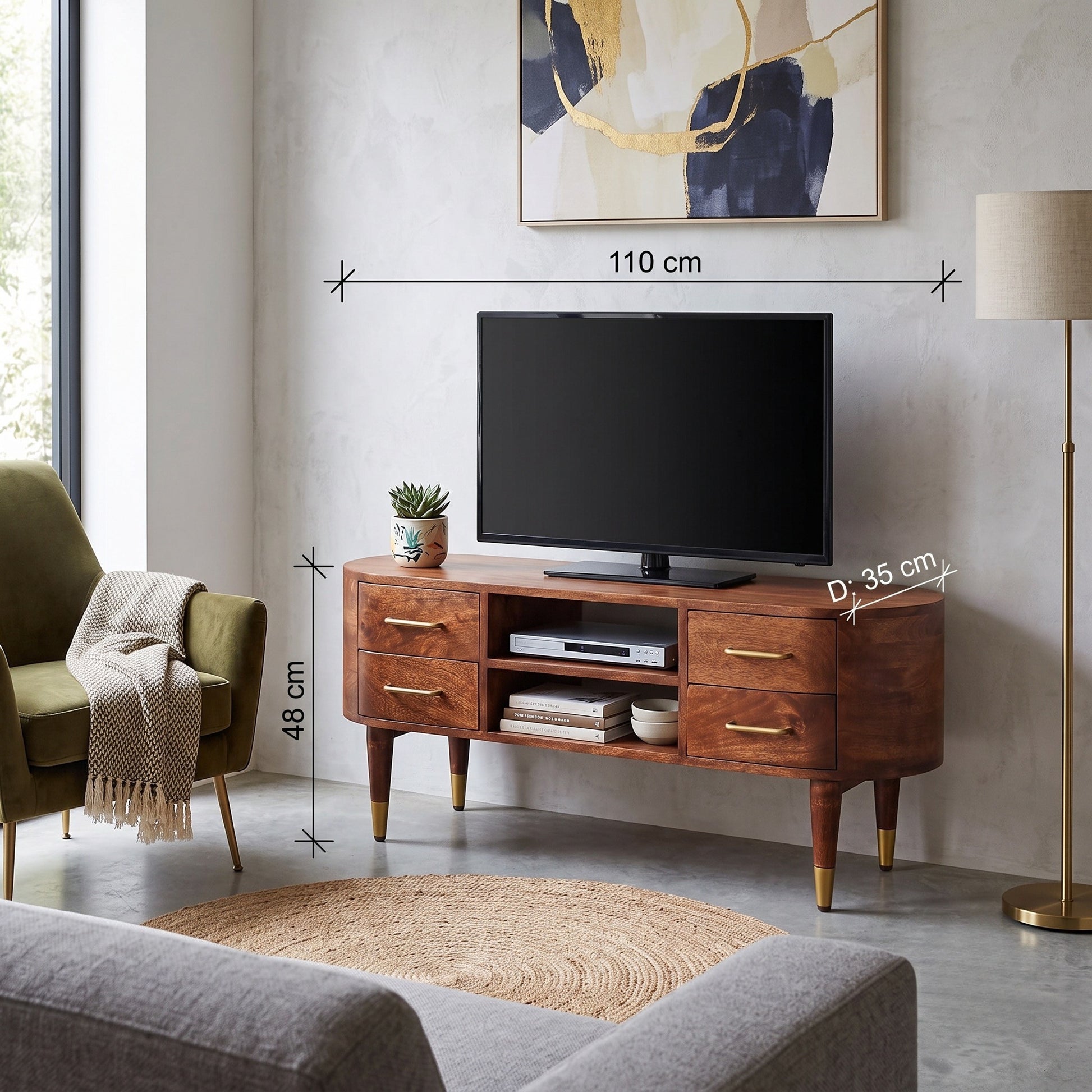 Curved 2-drawer media unit in solid mango wood, Winewood Oak finish – lifestyle view with measurements