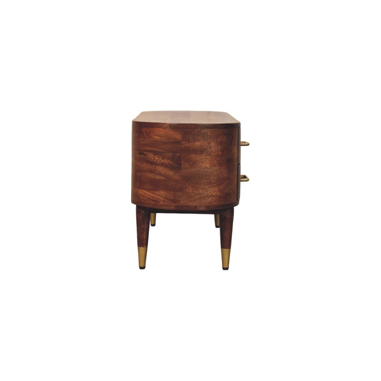 Curved 2-drawer media unit in solid mango wood, Winewood Oak finish – side view