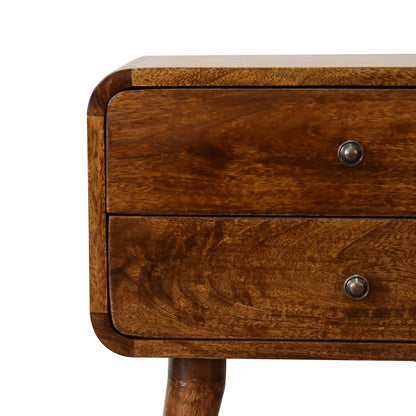 Close front left angle of Curved Chestnut Bedside showing shiny knob and chestnut finish detail