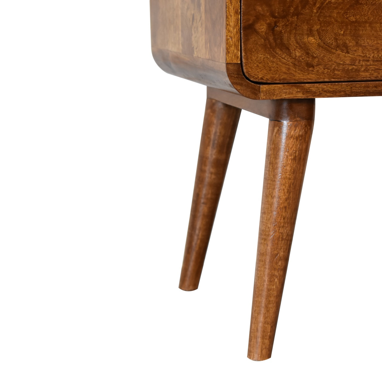 Lower left angle of Curved Chestnut Bedside highlighting Nordic-style legs