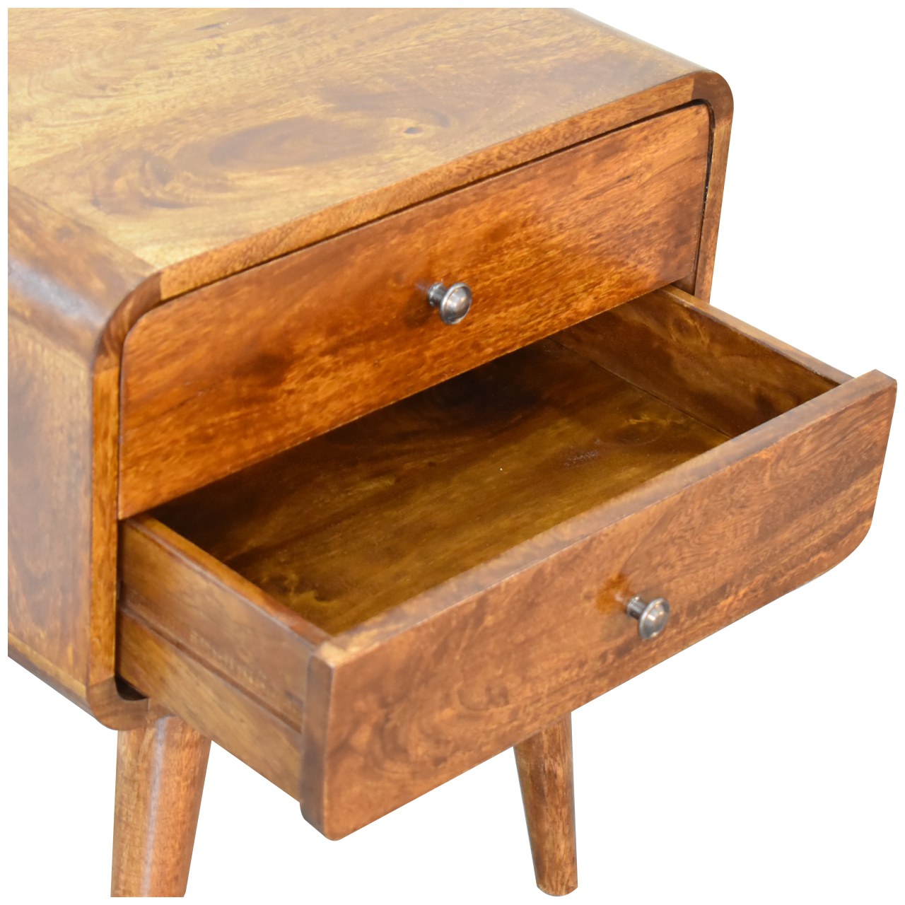 Top left angle of Curved Chestnut Bedside with drawer open showing interior storage