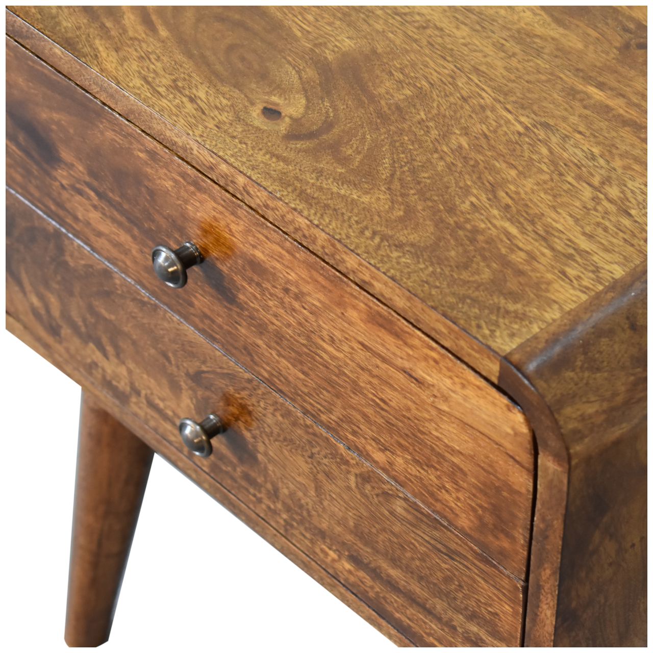 Close top right angle of Curved Chestnut Bedside showing natural mango wood grain and chestnut finish