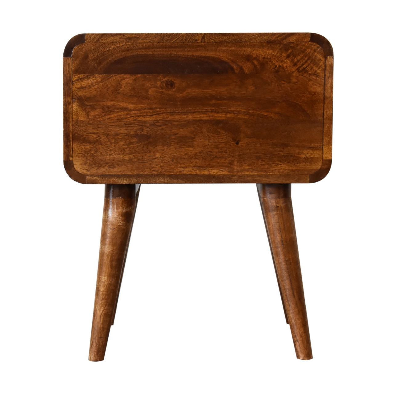 Back view of Curved Chestnut Bedside in solid mango wood with chestnut finish