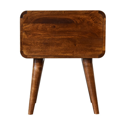 Back view of Curved Chestnut Bedside in solid mango wood with chestnut finish