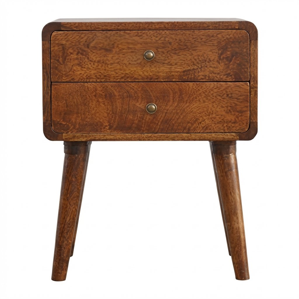 Front view of Curved Chestnut Bedside showing 2 drawers with shiny knobs and Nordic legs