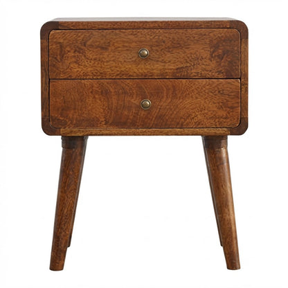 Front view of Curved Chestnut Bedside showing 2 drawers with shiny knobs and Nordic legs