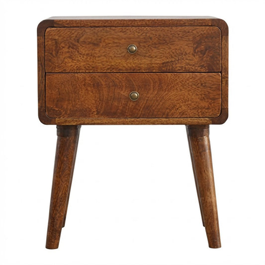 Front view of Curved Chestnut Bedside showing 2 drawers with shiny knobs and Nordic legs