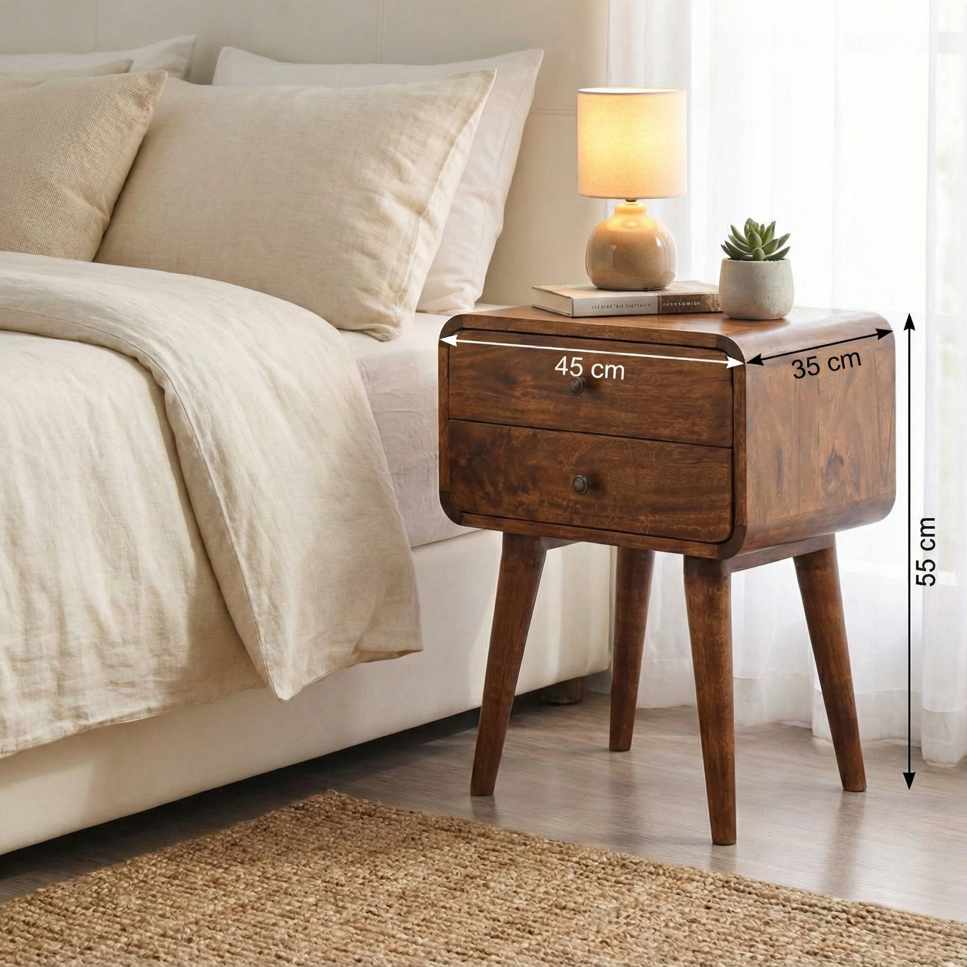 Curved Chestnut Bedside with dimensions: 55 cm height, 45 cm width, 35 cm depth