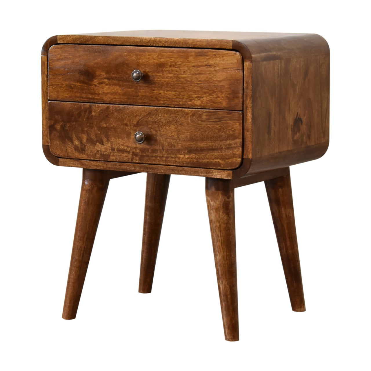 Right side view of Curved Chestnut Bedside showing curved edges and Nordic legs
