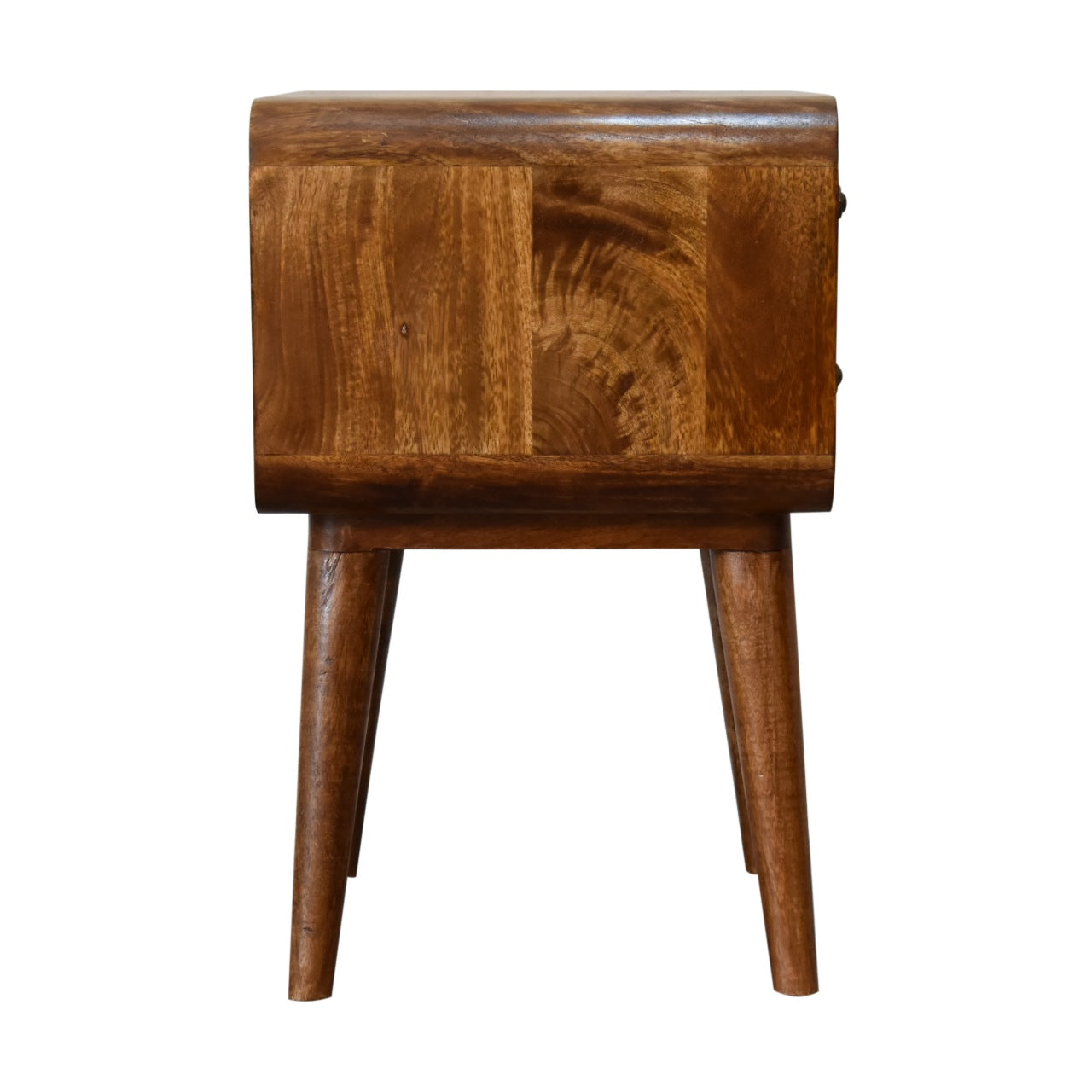 Side profile of Curved Chestnut Bedside showing full height and Nordic legs