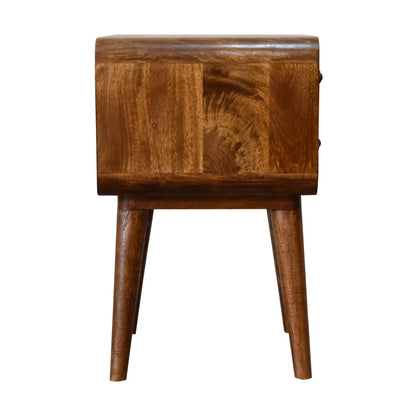 Side profile of Curved Chestnut Bedside showing full height and Nordic legs
