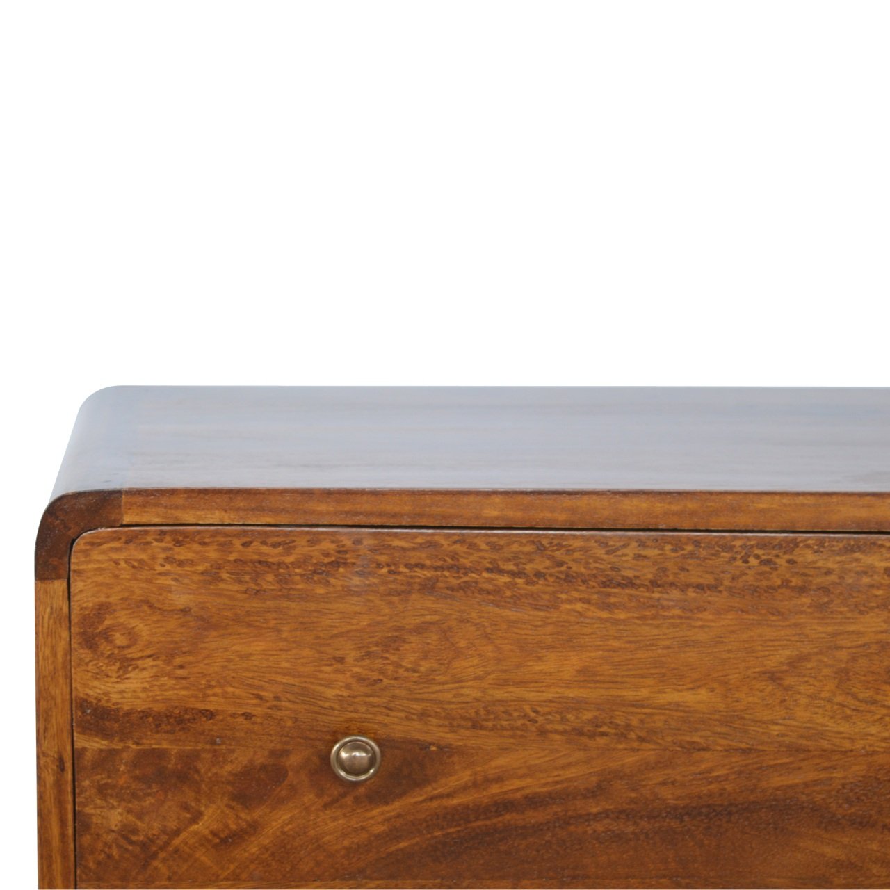 Close top left angle of Curved Chestnut Chest Of Drawers showing natural mango wood grain and chestnut finish