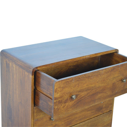 Top left angle of Curved Chestnut Chest Of Drawers with top drawer open showing interior storage