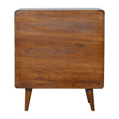 Back view of Curved Chestnut Chest Of Drawers in solid mango wood with chestnut finish