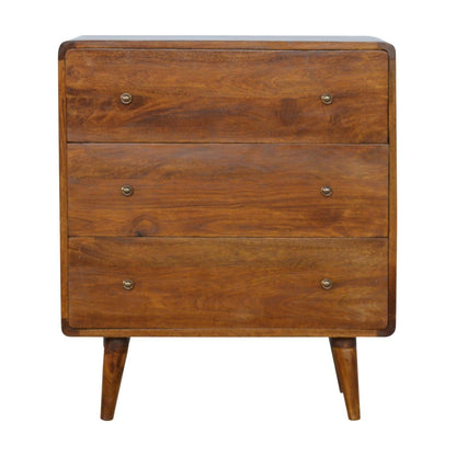 Front view of Curved Chestnut Chest Of Drawer showing 3 drawers with shiny knobs and Nordic legs