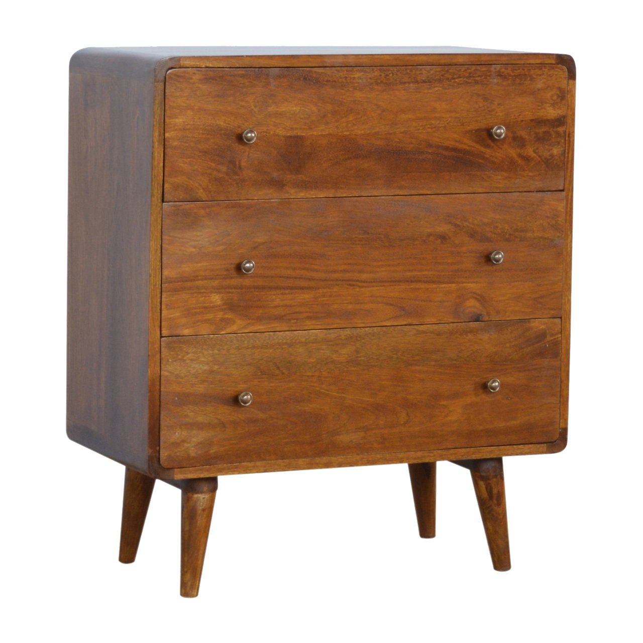 Left side view of Curved Chestnut Chest Of Drawers in solid mango wood with chestnut finish