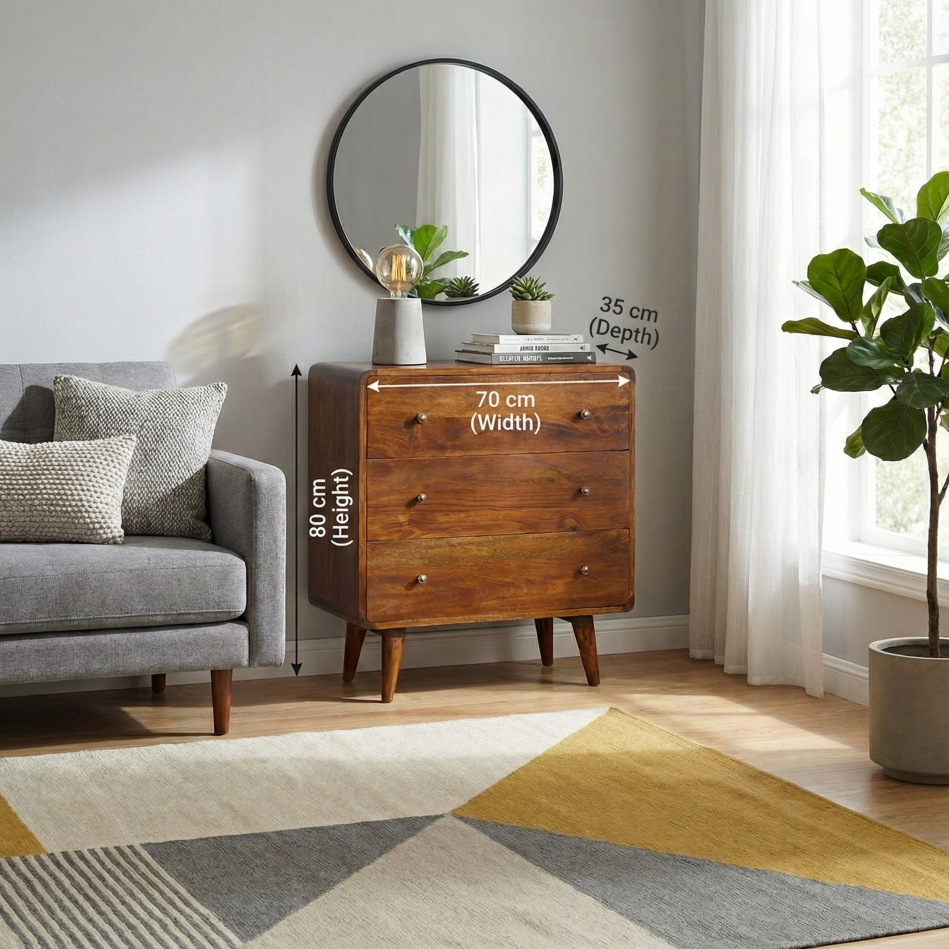 Curved Chestnut Chest of Drawers with dimensions: 80 cm height, 70 cm width, 35 cm depth