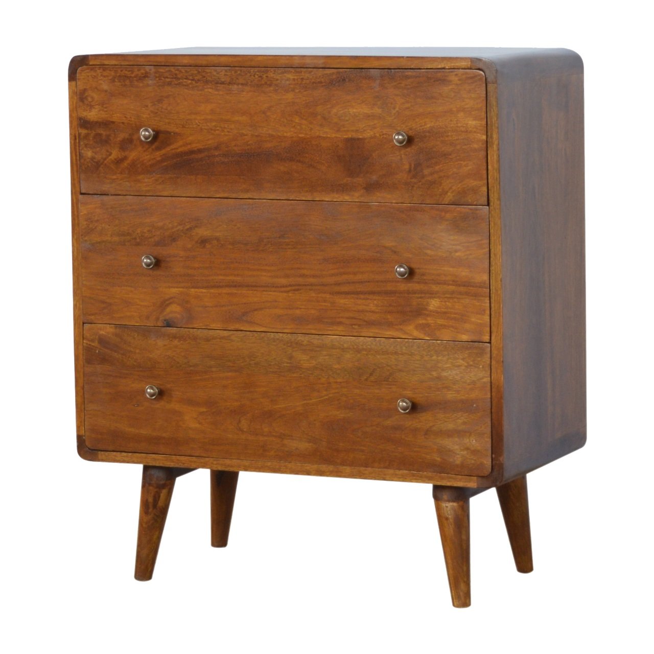 Right side view of Curved Chestnut Chest Of Drawers showing curved edges and Nordic legs