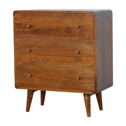 Right side view of Curved Chestnut Chest Of Drawers showing curved edges and Nordic legs