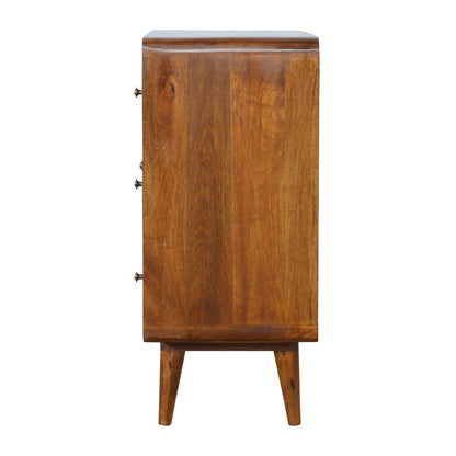 Side profile of Curved Chestnut Chest Of Drawers showing full height and Nordic legs