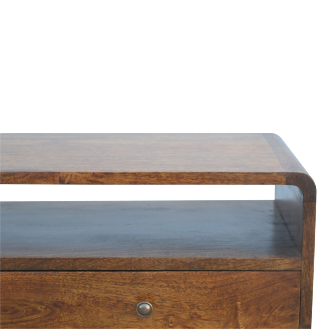 Close front right angle of Curved Chestnut Console Table showing shiny knob and chestnut finish detail