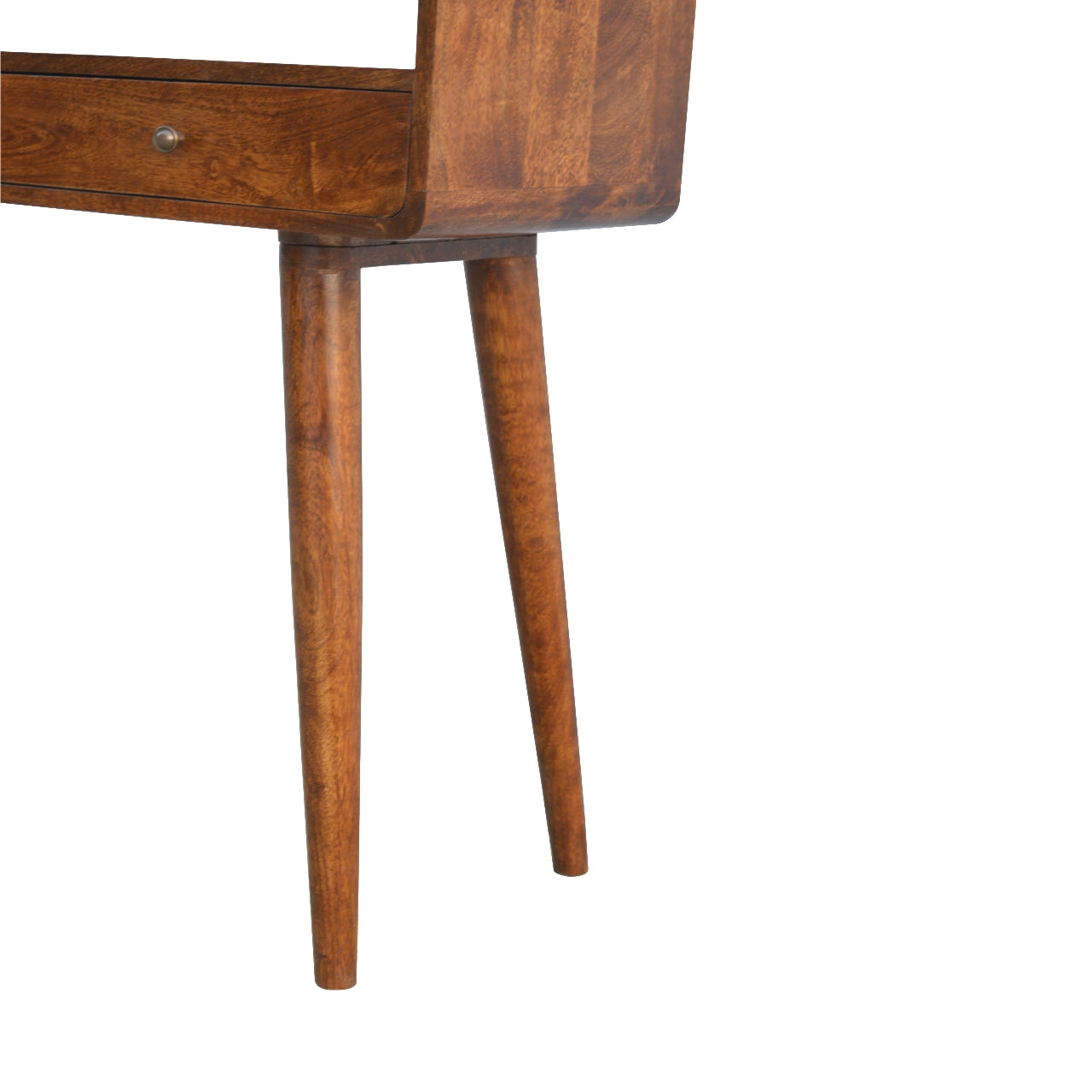 Lower right angle of Curved Chestnut Console Table highlighting Nordic-style legs