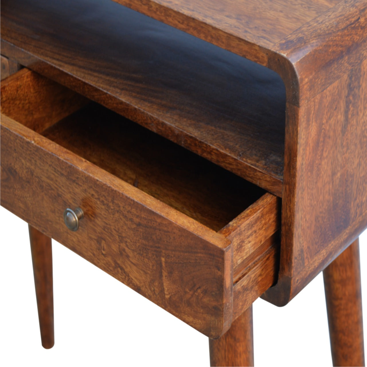 Close top right angle of Curved Chestnut Console Table with drawer open showing interior storage