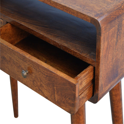 Close top right angle of Curved Chestnut Console Table with drawer open showing interior storage