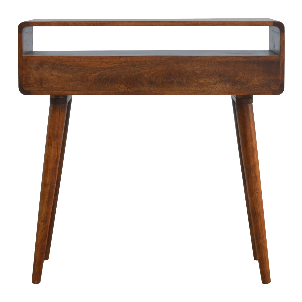 Back view of Curved Chestnut Console Table in solid mango wood with chestnut finish