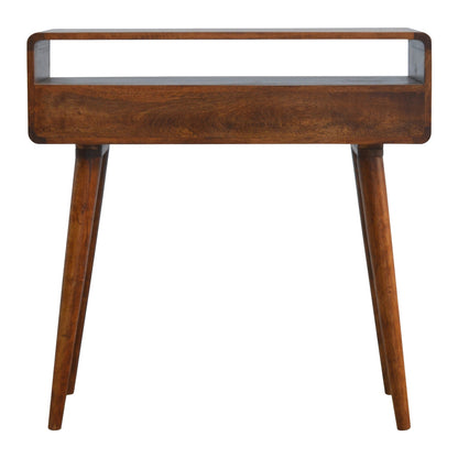 Back view of Curved Chestnut Console Table in solid mango wood with chestnut finish