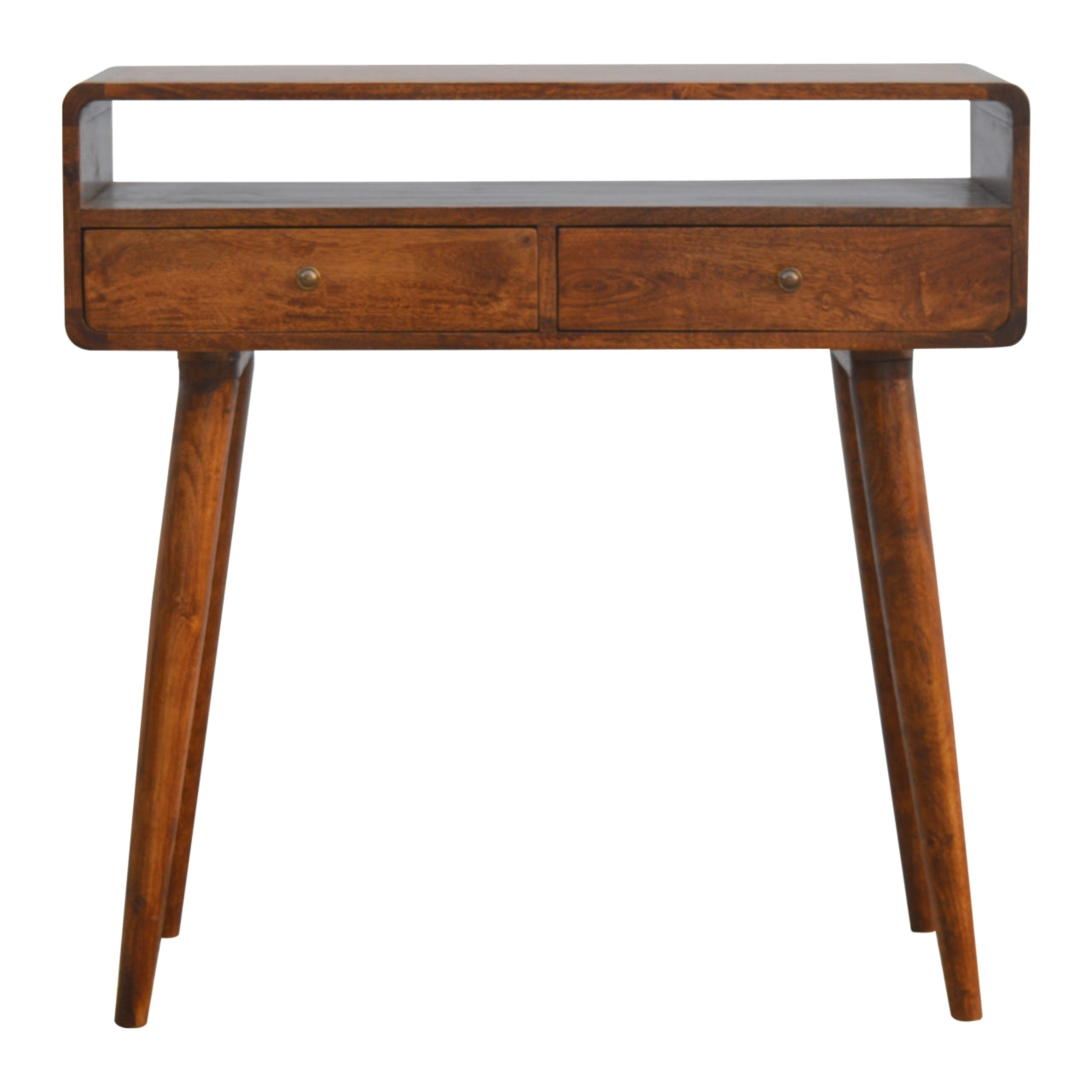 Front view of Curved Chestnut Console Table showing 2 drawers with shiny knobs, open slot and Nordic legs