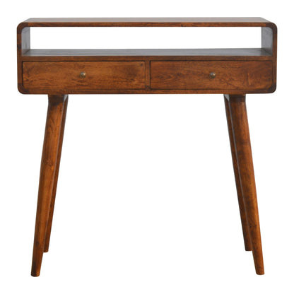 Front view of Curved Chestnut Console Table showing 2 drawers with shiny knobs, open slot and Nordic legs