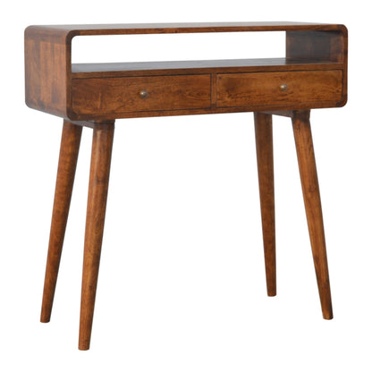 Left side view of Curved Chestnut Console Table in solid mango wood with chestnut finish