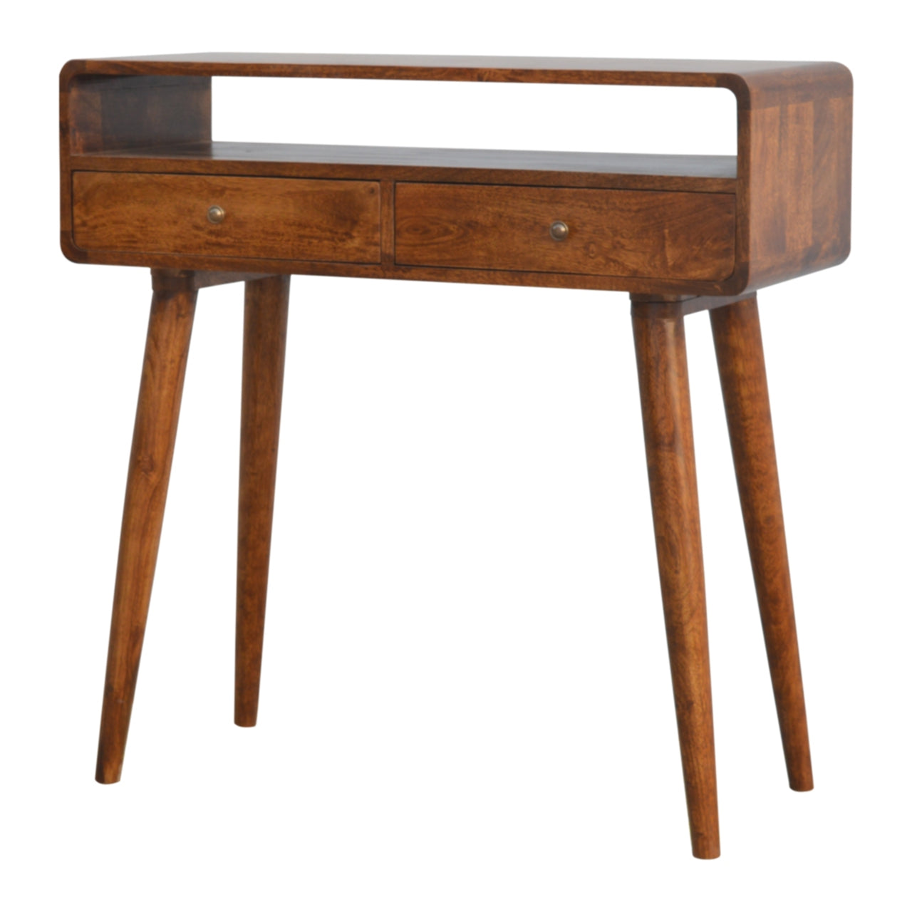 Right side view of Curved Chestnut Console Table showing curved edges and Nordic legs