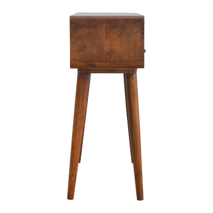 Side profile of Curved Chestnut Console Table showing full height and Nordic legs