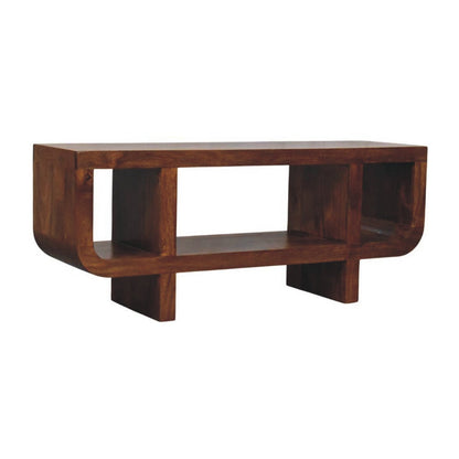 Wooden media unit with a white background