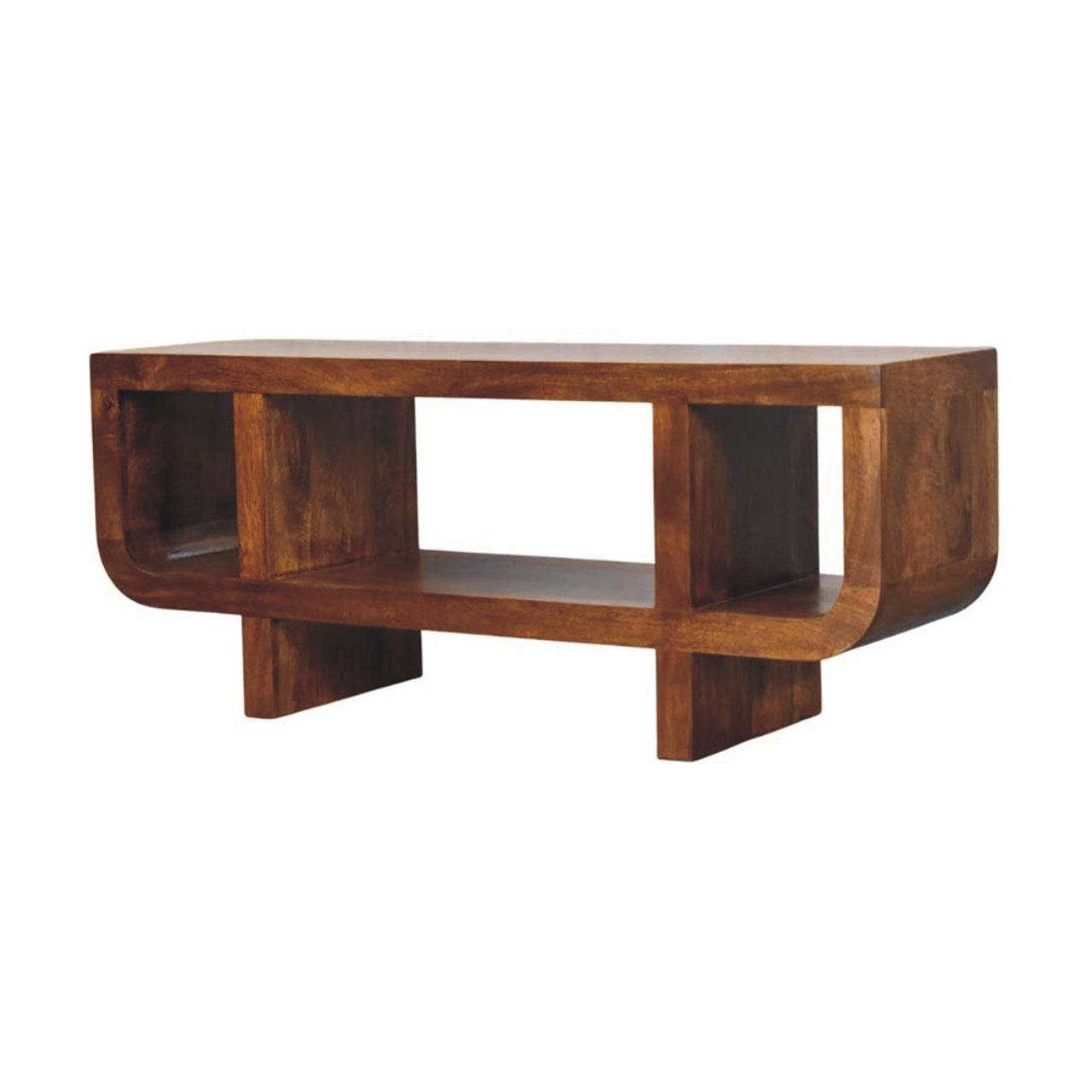 Wooden media unit on a white background