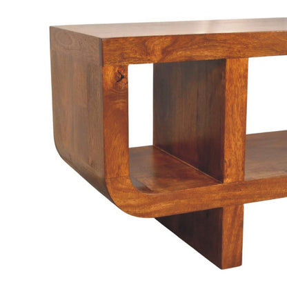 Wooden media unit with a minimalist design on a white background