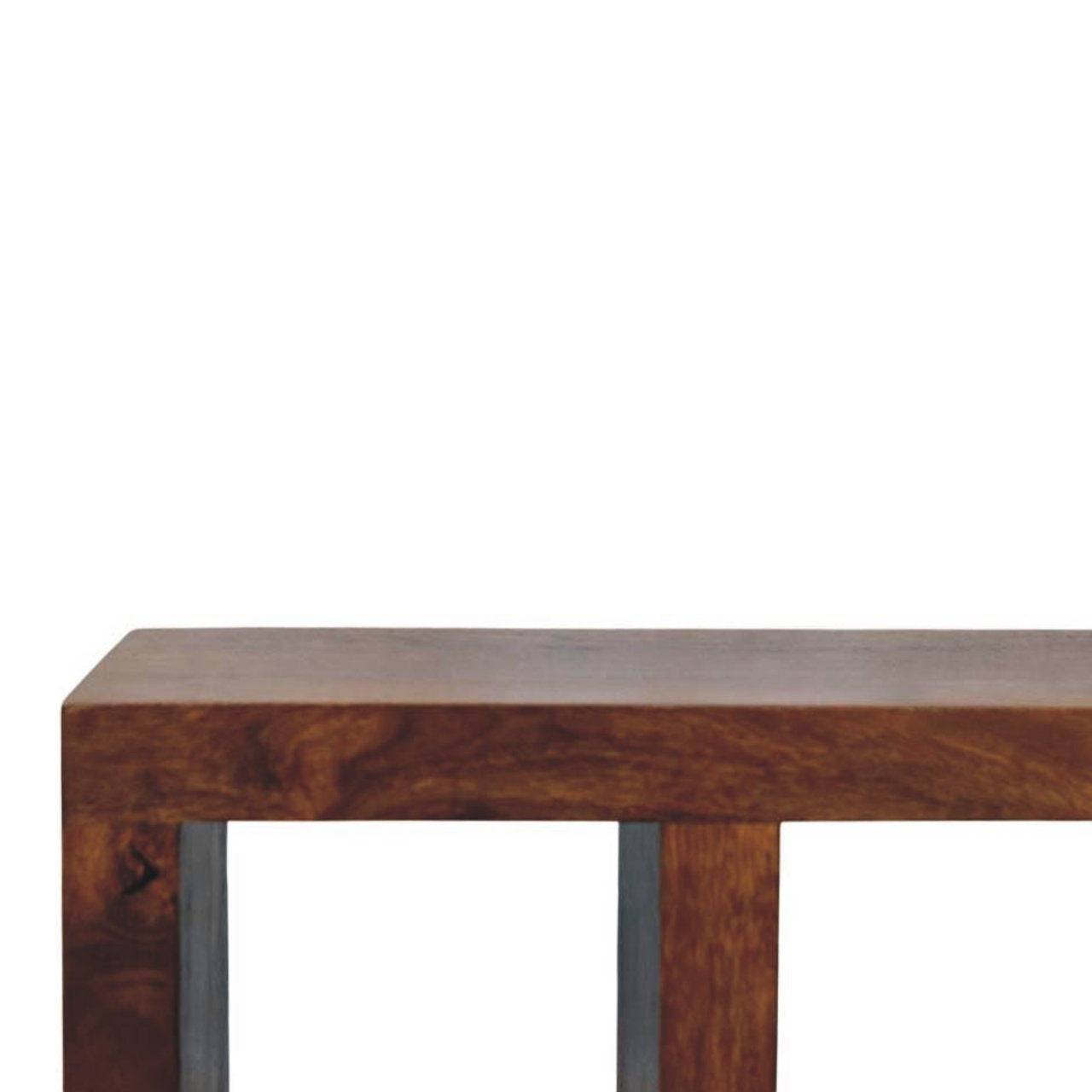 Wooden media unit with metal legs on a white background