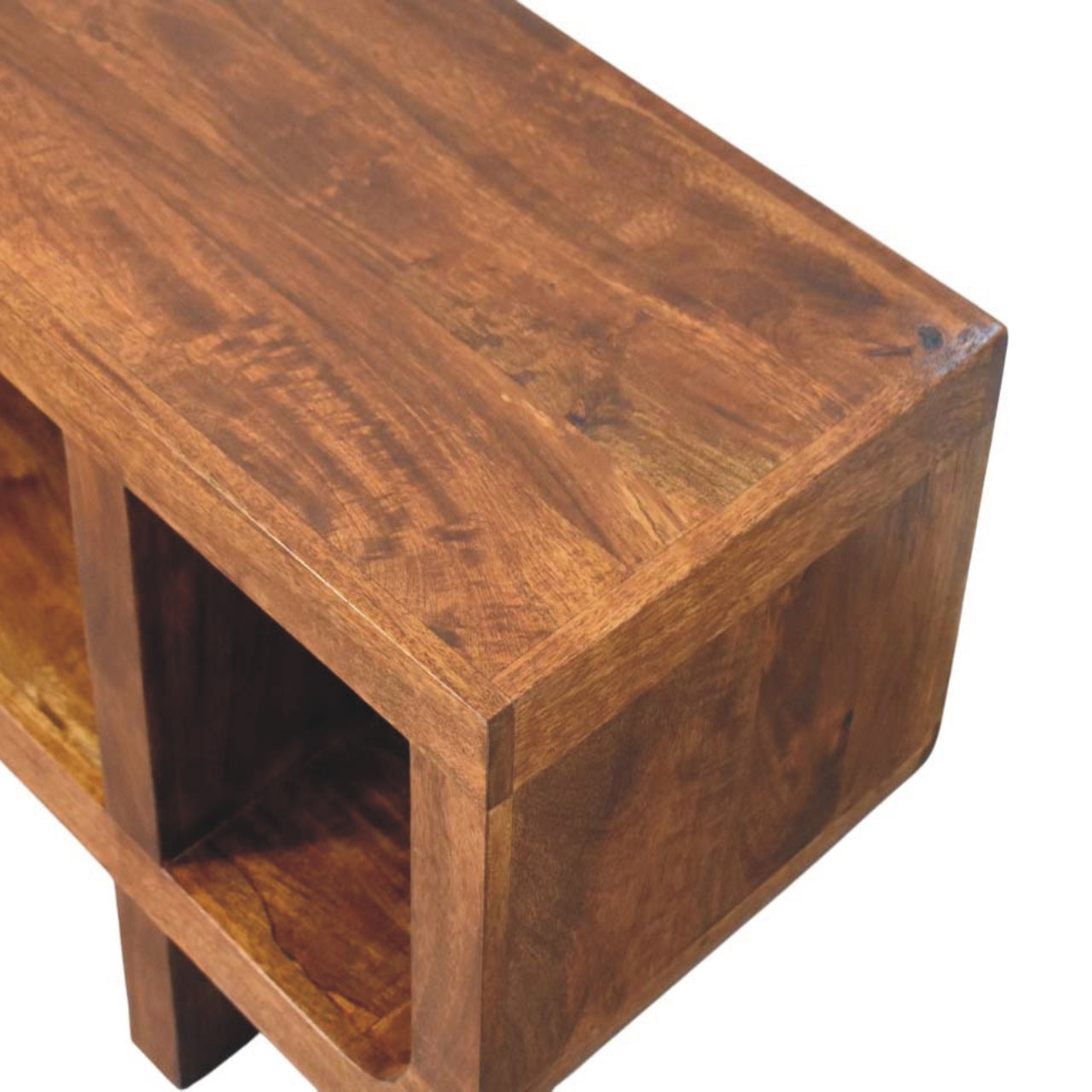 Wooden media unit with a rustic finish on a white background
