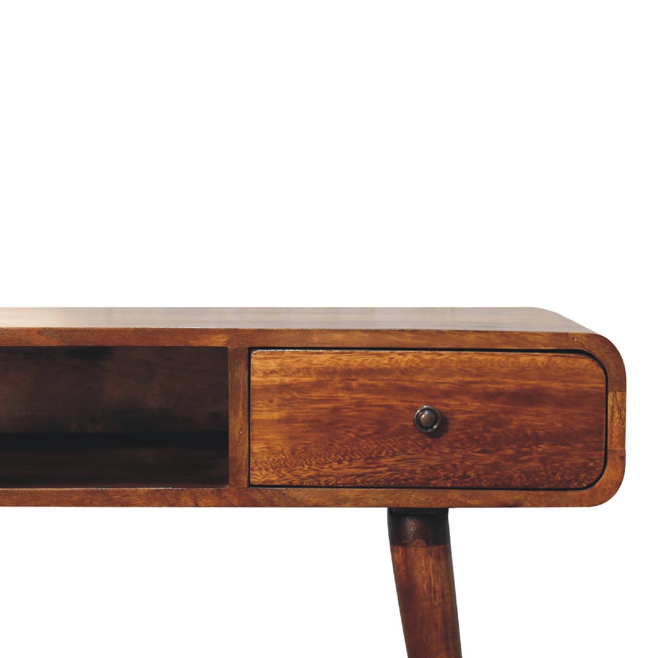 Close front right angle of Curved Chestnut Writing Desk showing brass knob and chestnut finish detail