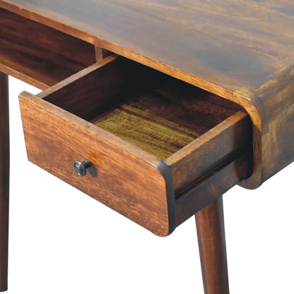 Close upper right angle of Curved Chestnut Writing Desk with drawer open showing interior storage