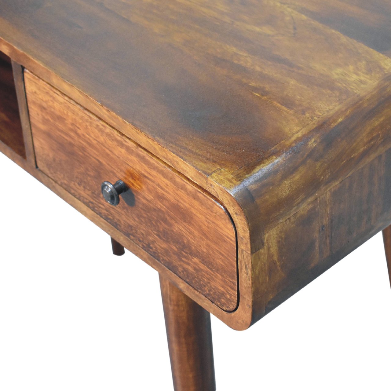 Upper right angle view of Curved Chestnut Writing Desk showing full surface and natural grain